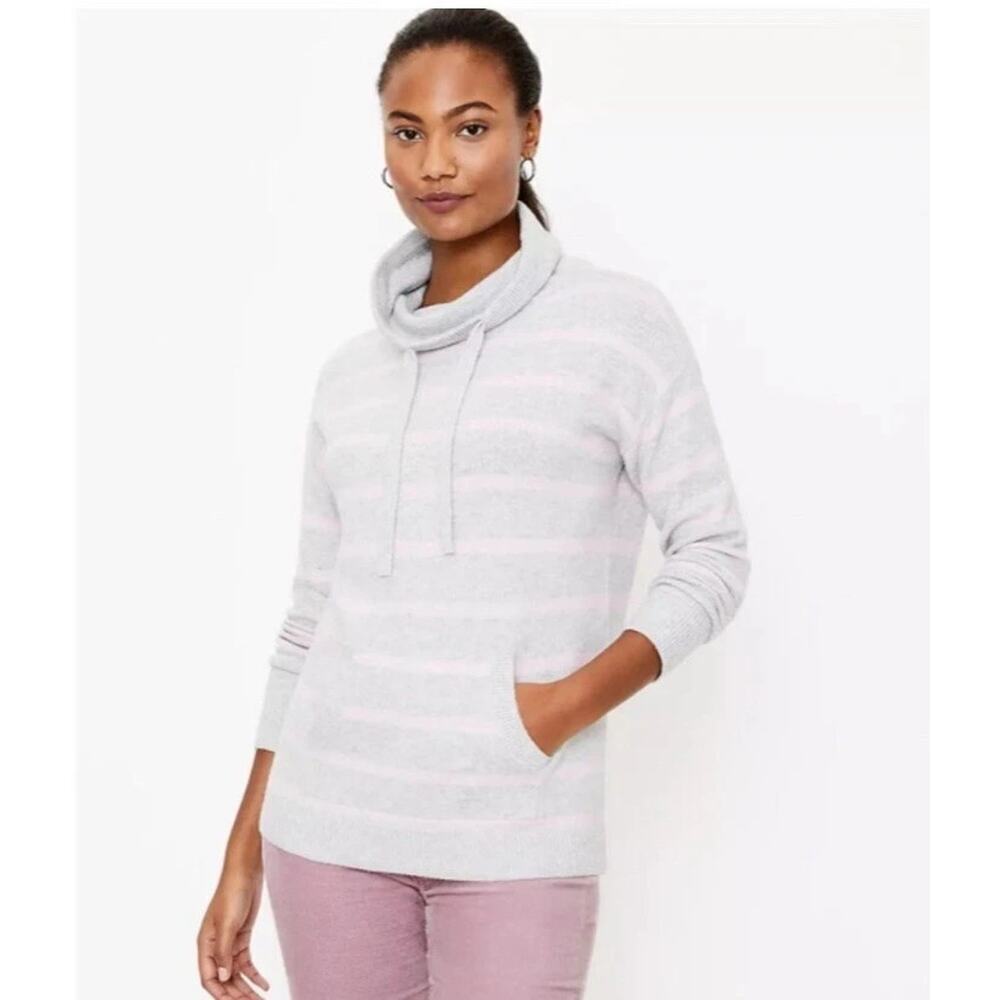 Ann Taylor LOFT Sweater XL Striped Cowl Neck Pockets Pullover Gray Pink